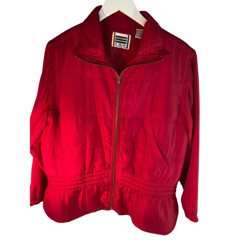 Vintage Evrussio Womens Red Bomber Jacket S With Gold Zipper 100% Silk Shell & N